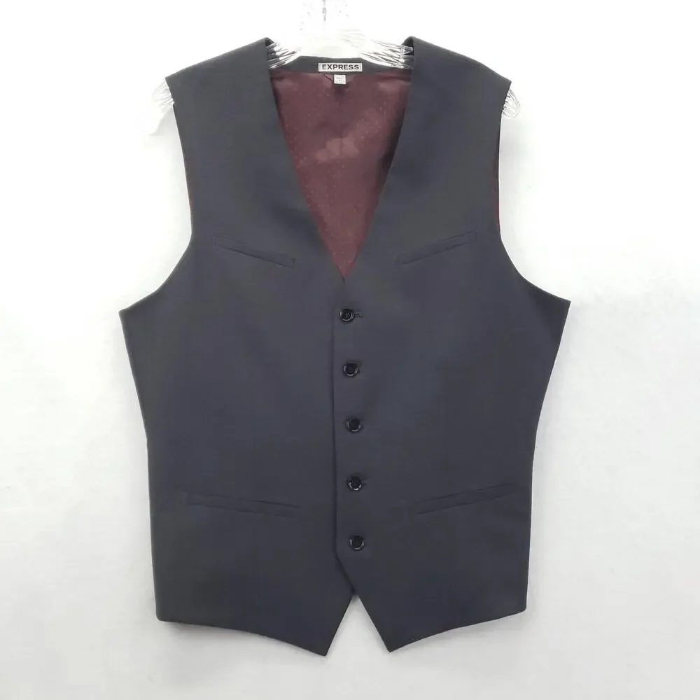 Express Vest Mens Small Gray Suit Waistcoat Five Button Adjustable Back Formal
